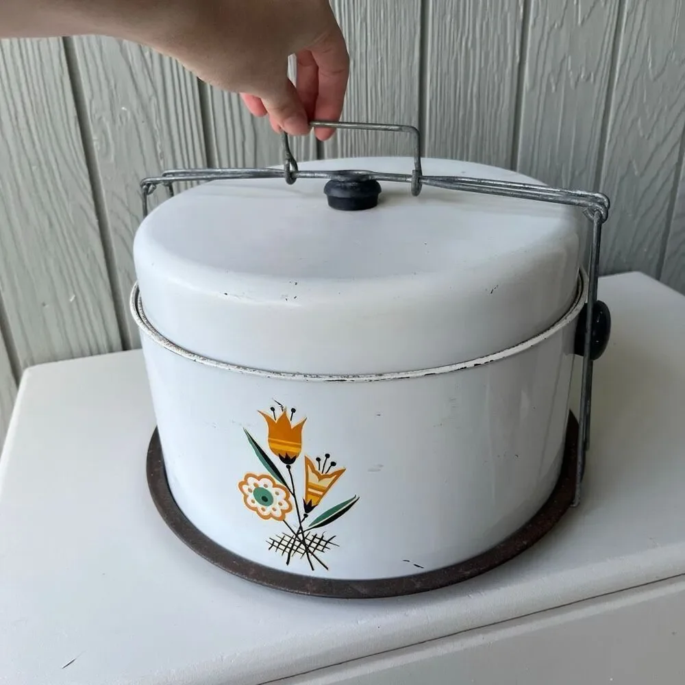 VTG 50s Enamel Cake Carrier Floral Mid Century Kitchen Decor Kitsch Mod
